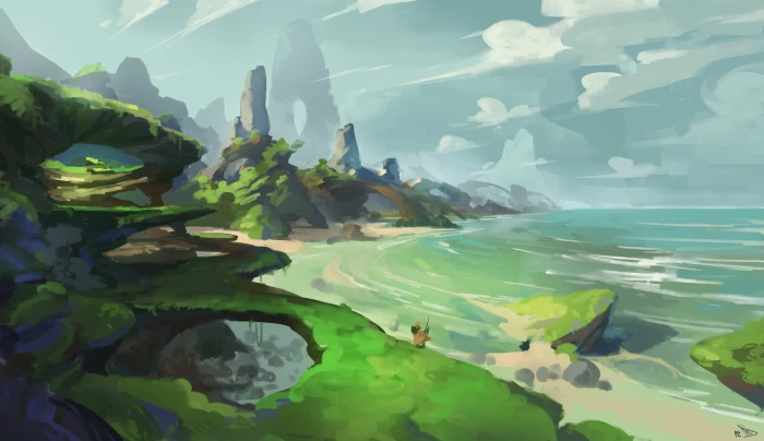 illustration of mountain and sea digital art fantasy nature 2k 4k 5k