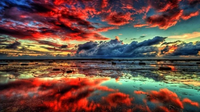 lake red sky clouds nature waterscape reflection 2k 4k