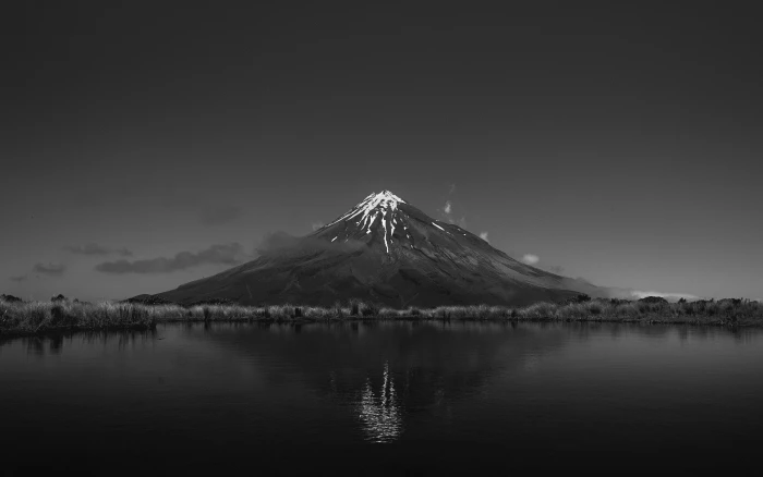 Mount Fuji landscape snow reflection monochrome mountains 2k 4k