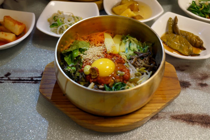 soup with vegetables and egg bibimbap jeonju brassware republic of korea 2k 4k