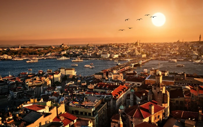 Turkey Istanbul beautiful city scenery sunset buildings houses river and 2k