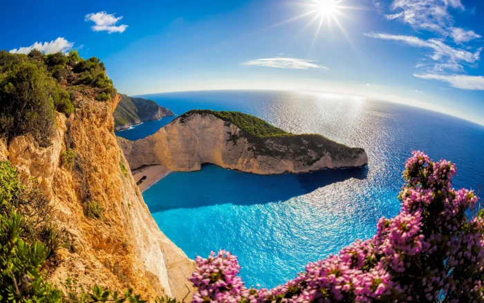 Zakynthos Island In The Ocean Greece Navajo Beach Sea Sun Sky Panoramic View Wallpaper Hd 2k