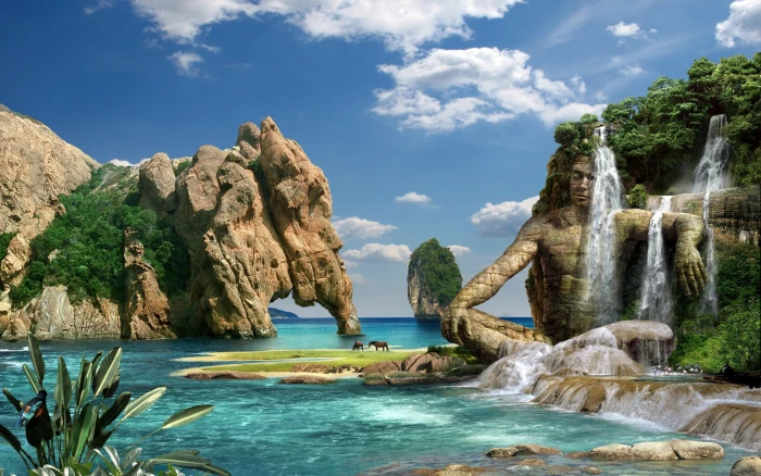 animals art beaches cliff clouds digital fantasy horses 2k