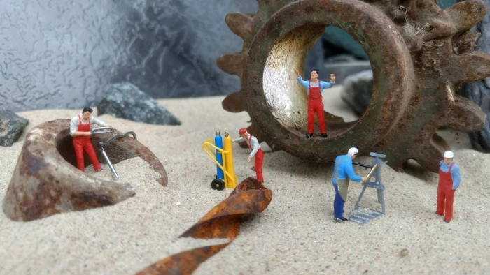 close up photography of five men in assorted color overalls figurines 2k 4k 5k