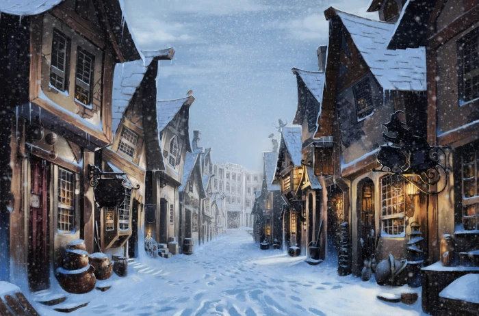 diagon alley harry potter snow artwork Movies architecture 2k 4k