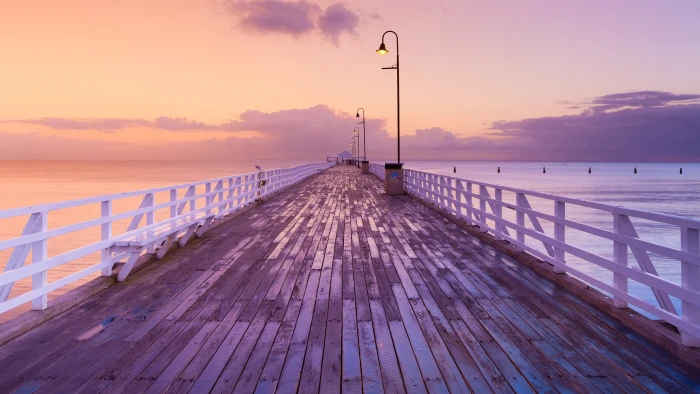 gray and white wooden dock water pier sea dusk purple sky 2k 4k