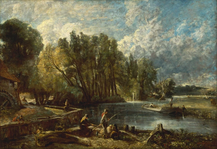 group of people fishing and surrounded by trees painting John Constable 2k 4k