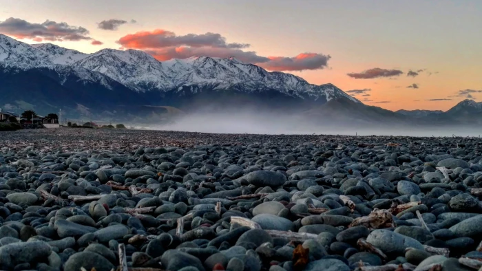 Kaikoura Coastal Town On The South Island Of New Zealand Sunset Gravel Beach Snowy Mountains Winter Landscape Photography 2k 4k