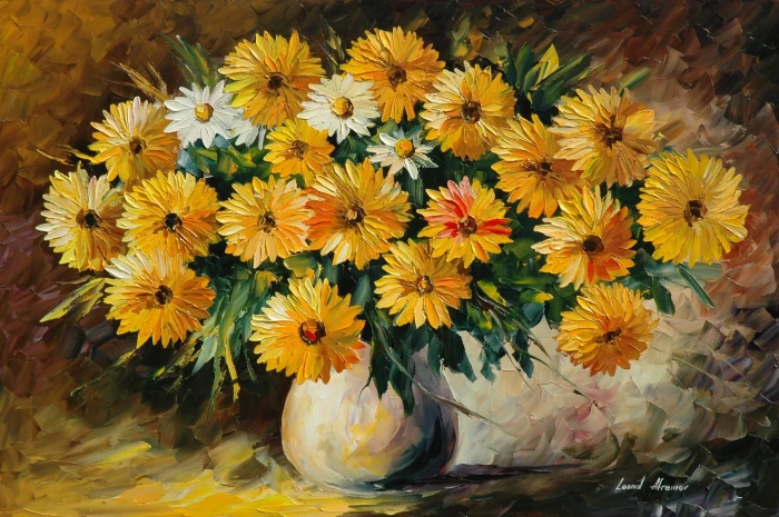 painting of sunflower bouquet flowers vase Leonid Afremov 2k