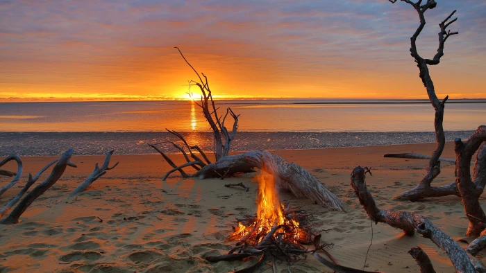 sea body of water camp fire shore sunset horizon sky 2k 4k