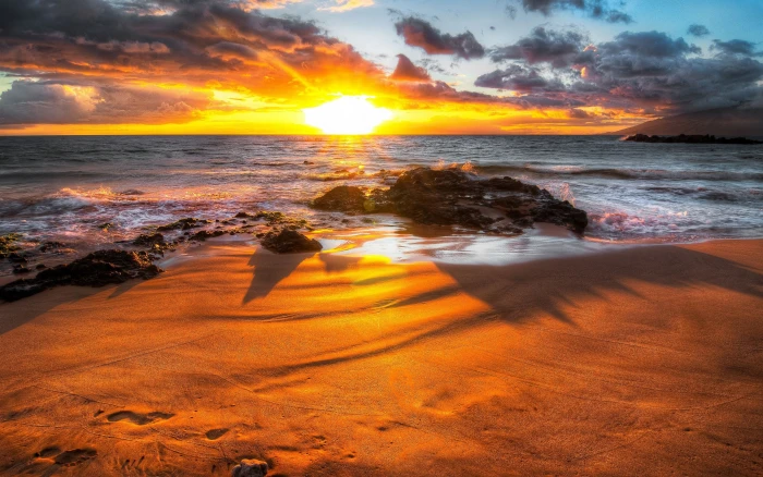 Sea waves beach rocks stones clouds sunrise shadow 2k
