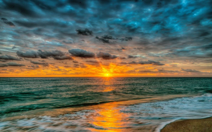 Sunset Sea Ocean Sandy Beach Waves Red Sky Clouds Summer Landscape Wallpaper For Desktop 2k 4k