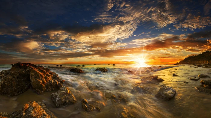 sunset el matador state beach horizon pacific ocean shore 2k 4k