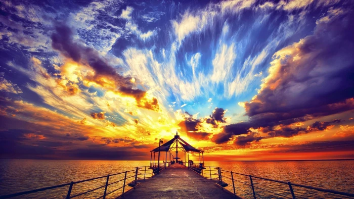 sunset sky pier romantic cloud horizon nature sea afterglow 2k 4k