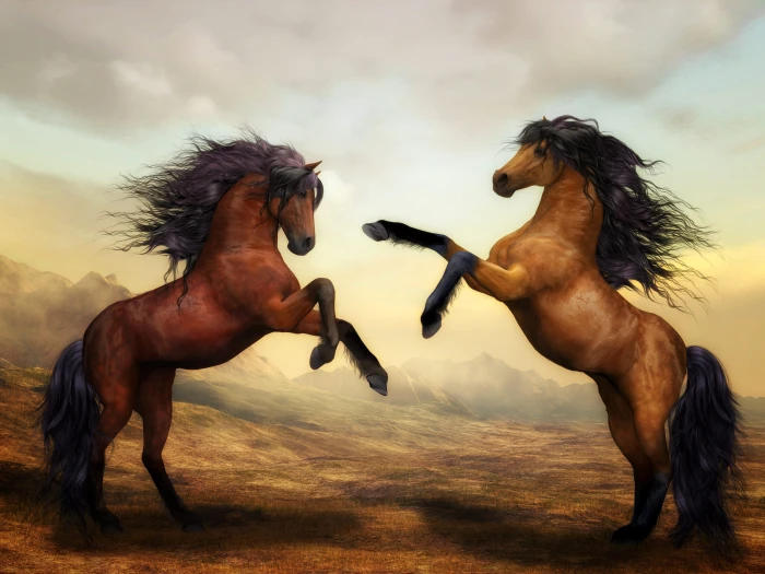two brown horses wild digital art nature landscape 2k 4k