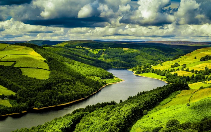 UK river fields forest clouds nature scenery 2k
