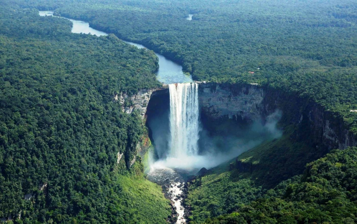 waterfalls and green leafed trees nature mountains landscape 2k 4k