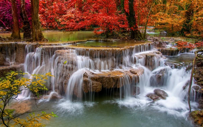 waterfalls wallpaper nature landscape autumn tree beauty in 2k