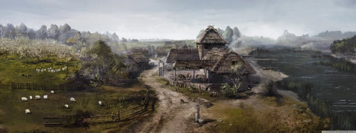 wooden house beside river painting home village art game 2k 4k