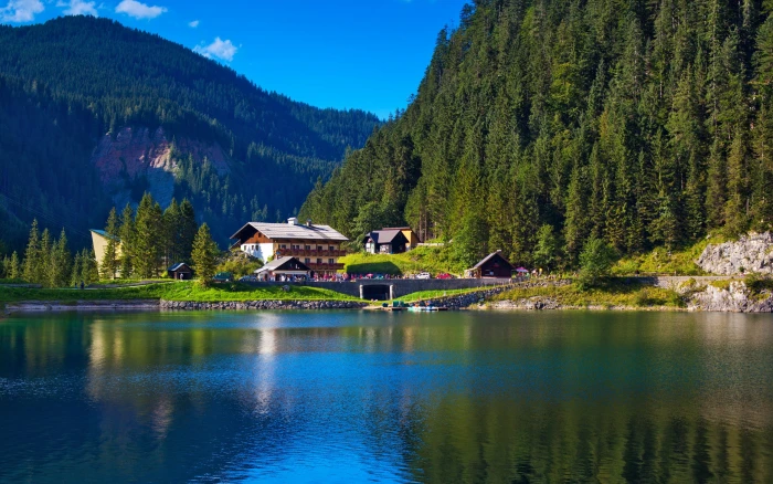 Alps mountains trees lake house nature greenery 2k