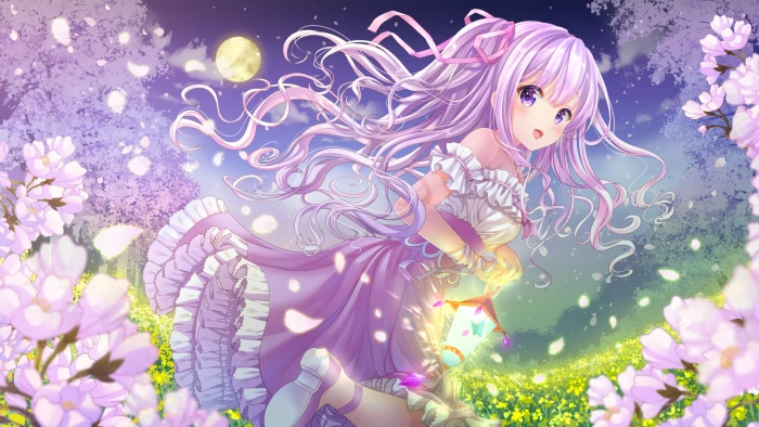 anime girls purple hair flowers eyes dress 2k 4k