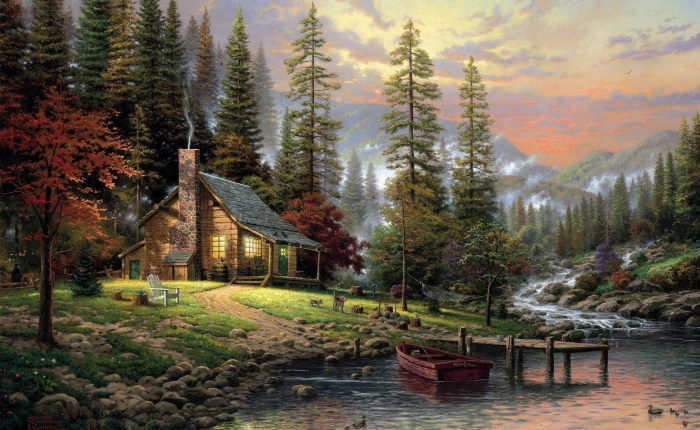 Chalet Painting brown house near body of water and canoe painting 2k