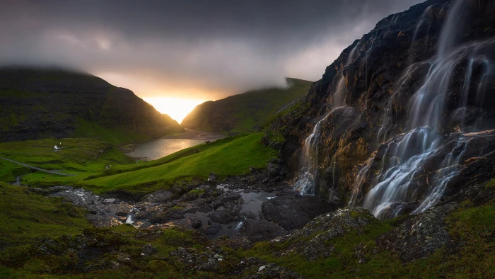 Faroe Islands Waterfall At Sunset Island Country Panorama Desktop Wallpaper Hd For Laptop Mobile Phones And Tv 2k 4k