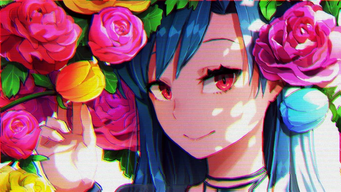 female anime character girls red eyes glitch art flowers 2k