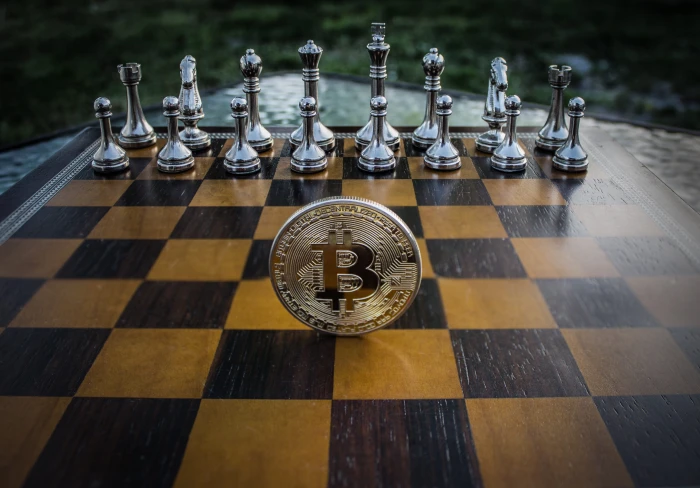 gold colored coin on chessboard cryptocurrency concept bitcoin 2k 4k 5k