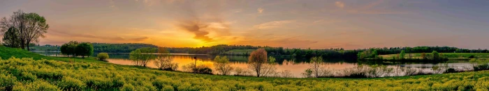 green grass fields sunset lake panorama landscape trees 2k 4k 5k