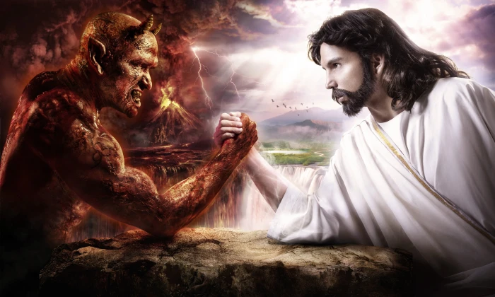 Jesus vs Devil digital wallpaper art God Satan women 2k 4k