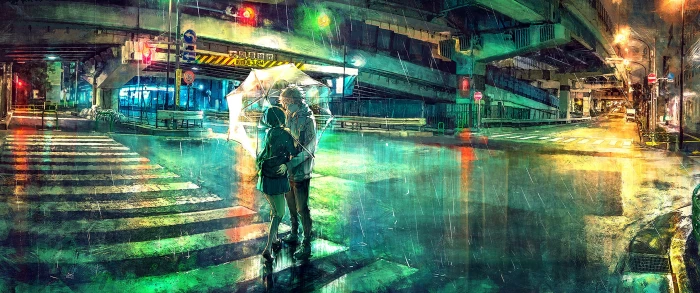 man and woman under umbrella wallpaper colorful overpass rain 2k