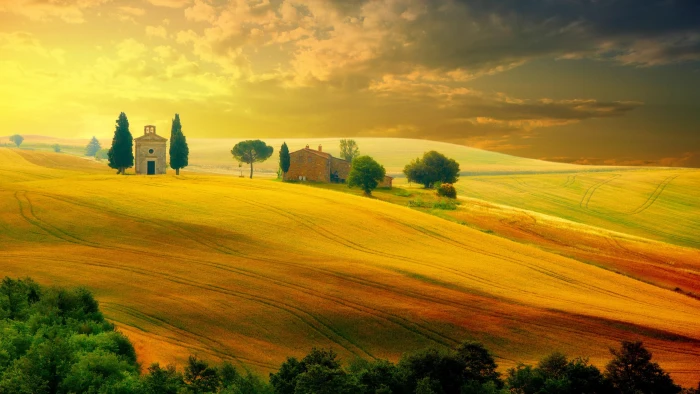 nature grassland village tuscany sky field rolling hills 2k 4k