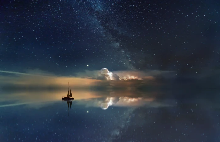 ocean starry sky milky way rest sailing boat water sea 2k 4k 5k