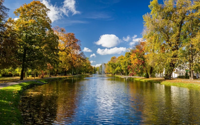 Park scenery autumn trees river fountains clouds 2k