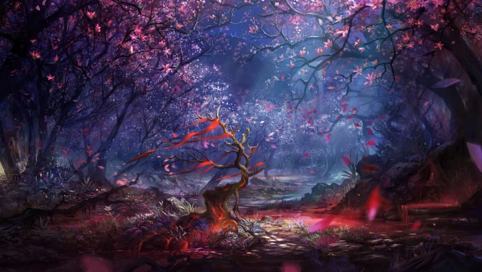 pink and brown trees digital wallpaper artwork fantasy art 2 2k 4k