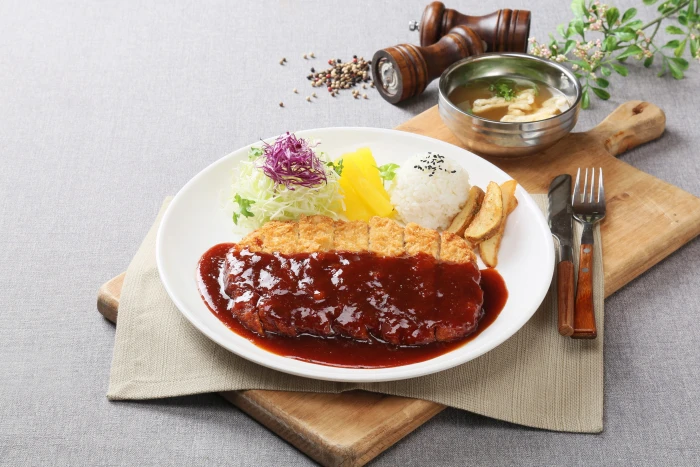 plate of rice with fried food photography korean cutlet 2k 4k