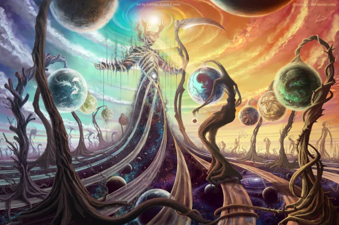 psychedelic gods abstract scythe space planet fantasy art 2k 4k