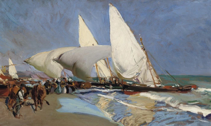 shore boat picture sail seascape Beach Of Valencia Joaquin Sorolla 2k