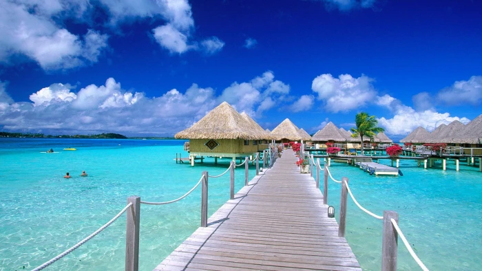 Tahiti Bora French Polynesia Bungalows Wooden Hooks Covered With Straw Sandy Beach Hd Wallpaper High Quality 2k 4k
