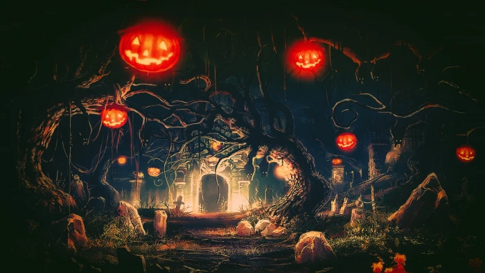 trees and castle digital wallpaper Halloween Terror night 2k 4k