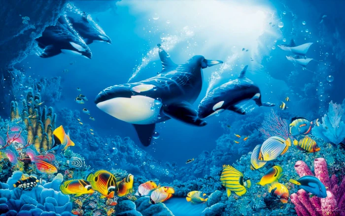 Underwater World Coral Reef Colorful Fish Marine Fauna With Ocean Orcas Killer Whales 2k 4k