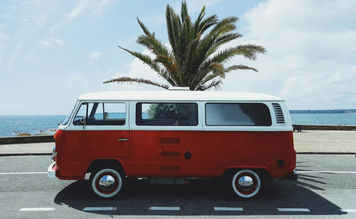 vw bus red France beach Concarneau white palm trees 2k
