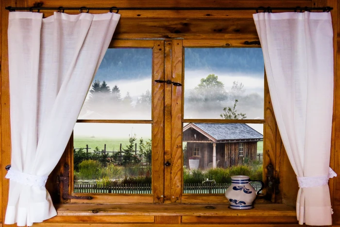 white and blue ceramic jar near brown wooden framed glass window curtain 2k 4k