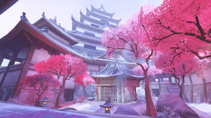 white and gray pagoda temple digital wallpaper Hanamura Overwatch 2k 4k