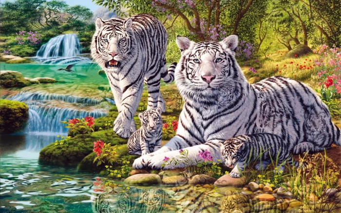 White Tiger Family Nature Jungle Stepfather Waterfall Flowers Photo Hd Wallpaper 2k