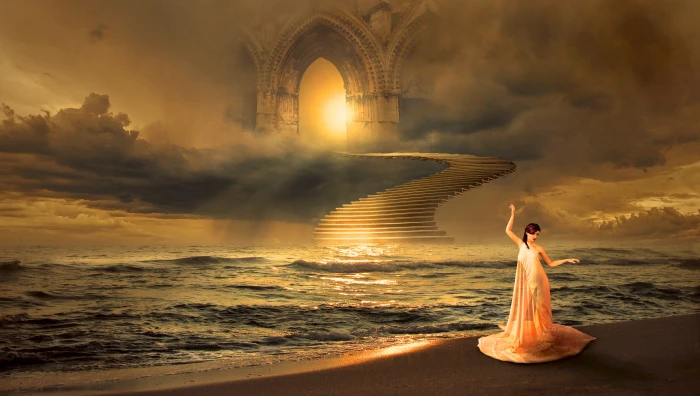 woman in white dress near body of water during sunset fantasy 2k 4k 5k