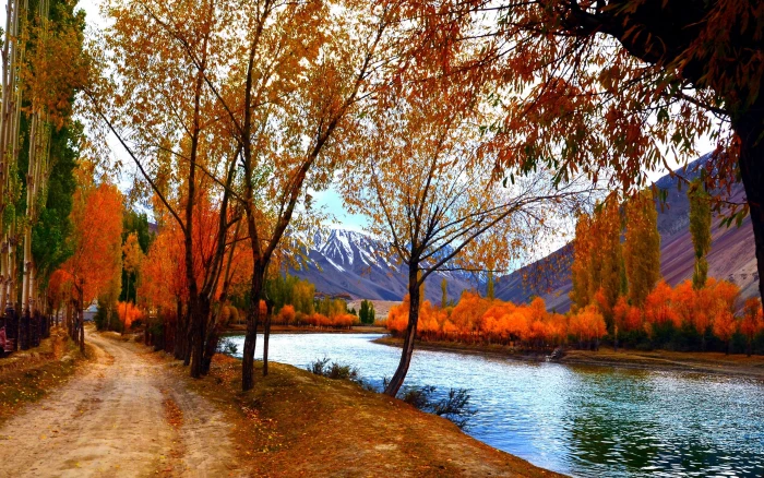 Autumn scenery trees red leaves lake path mountains 2k