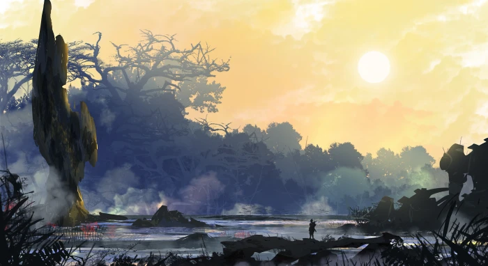 green forest illustration artwork digital art landscape sunset 2k 4k 5k