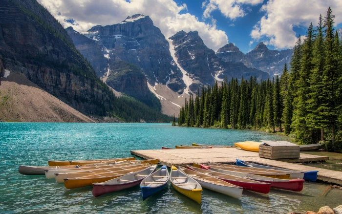 Kayaks In Lake Moraine Banff Canada Landscape Photography Ultra Hd Wallpapers And Laptop 2k 4k
